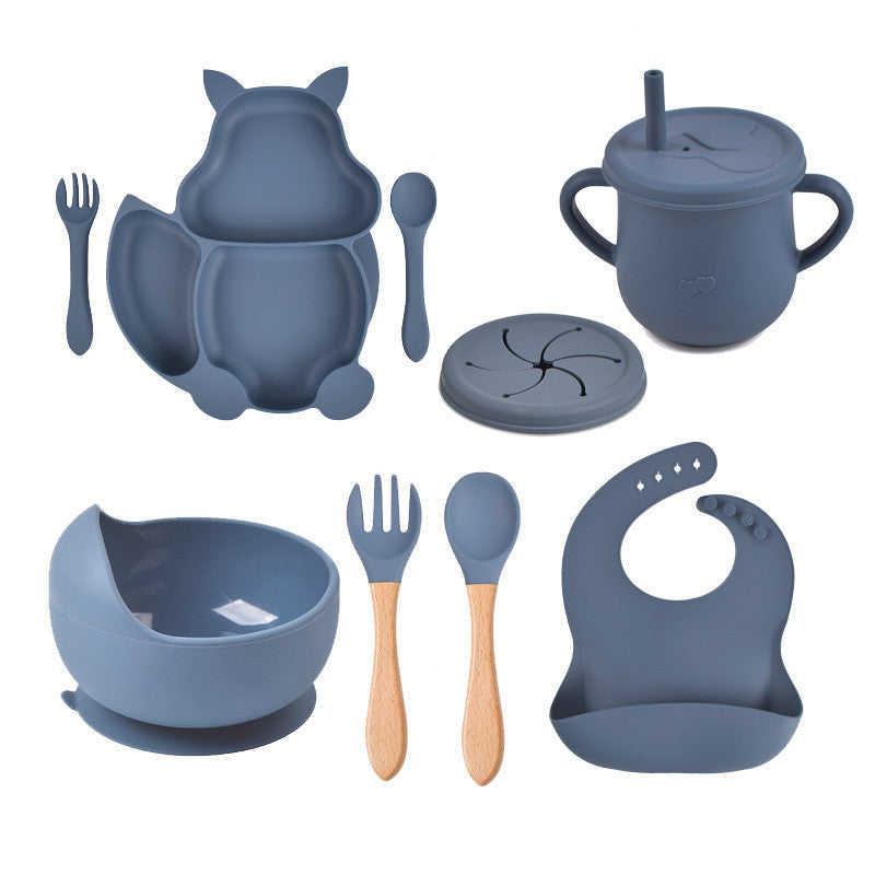 Ensemble de vaisselle pour bébé, 8 pièces : assiette, tasse, paille, bol en silicone, bavoir, plateau, cuillère, fourchette.