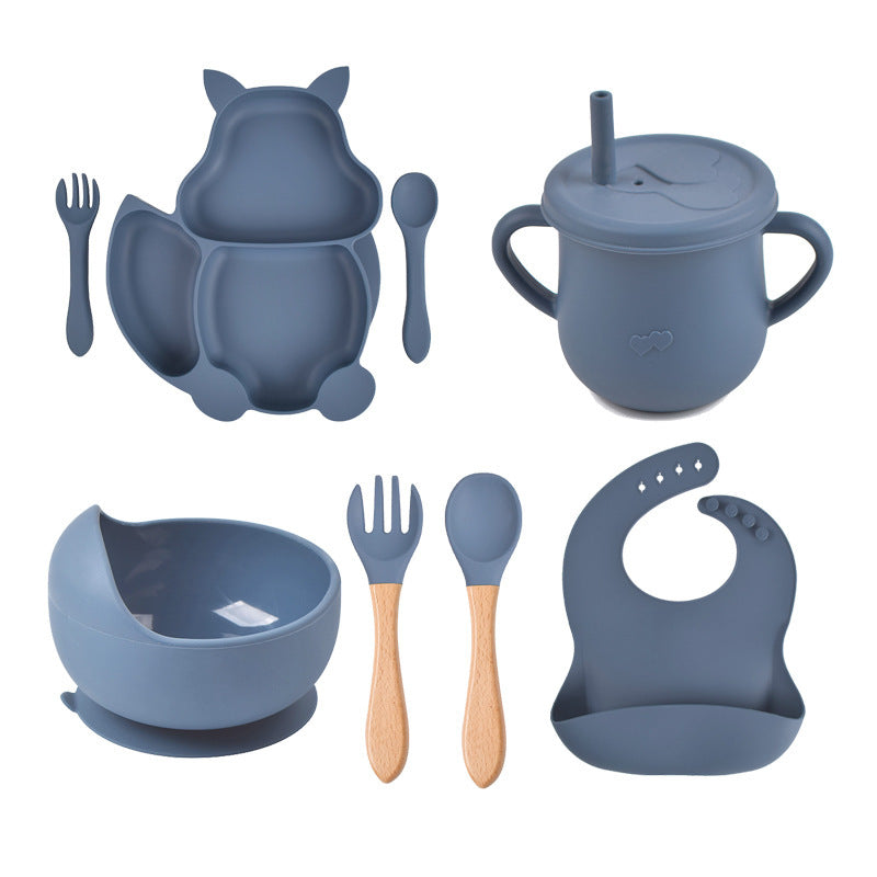 Ensemble de vaisselle pour bébé, 8 pièces : assiette, tasse, paille, bol en silicone, bavoir, plateau, cuillère, fourchette.