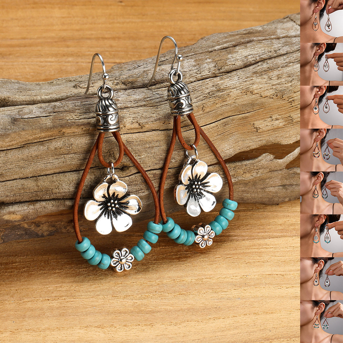 Boucles d'oreilles vintage style ethnique fleur turquoise