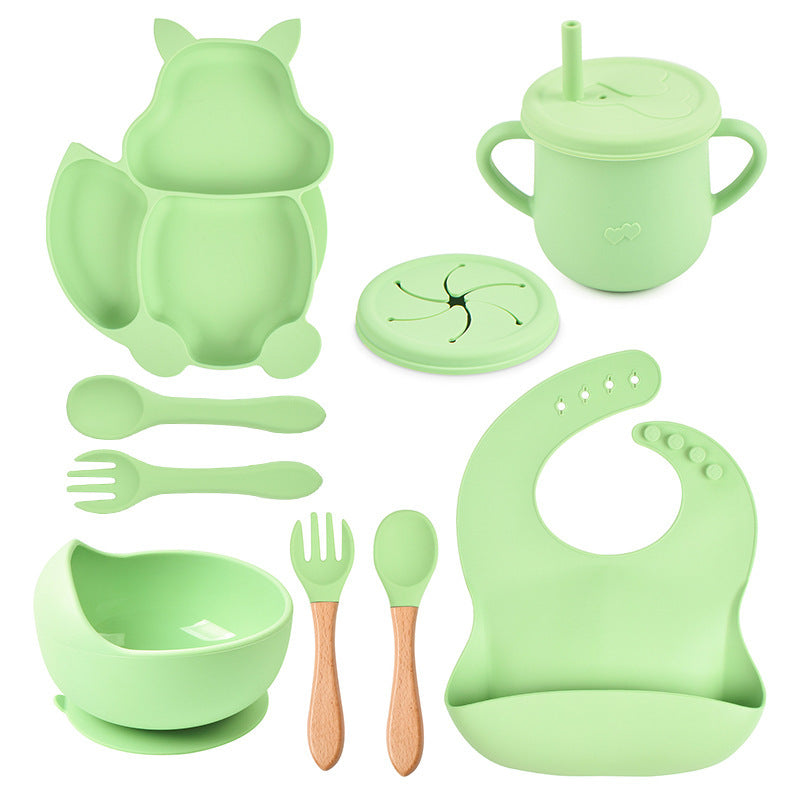 Ensemble de vaisselle pour bébé, 8 pièces : assiette, tasse, paille, bol en silicone, bavoir, plateau, cuillère, fourchette.
