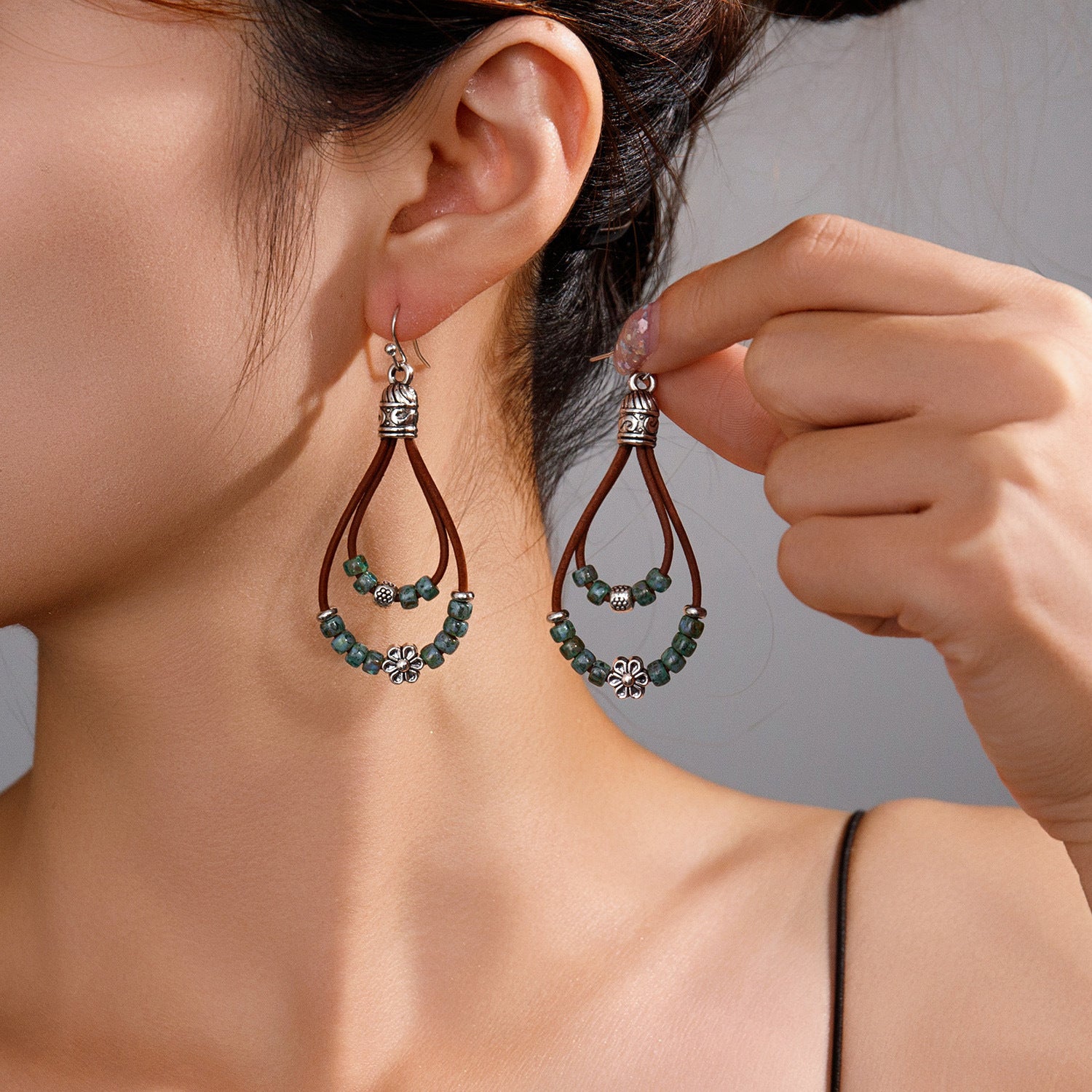 Boucles d'oreilles vintage style ethnique fleur turquoise