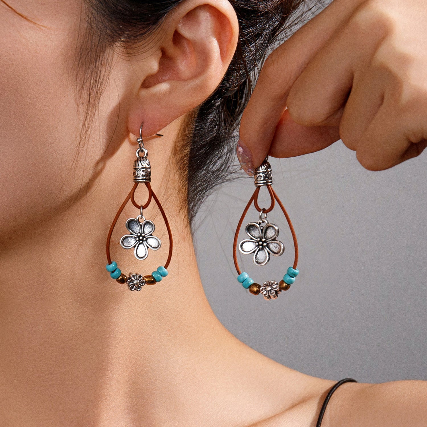 Boucles d'oreilles vintage style ethnique fleur turquoise