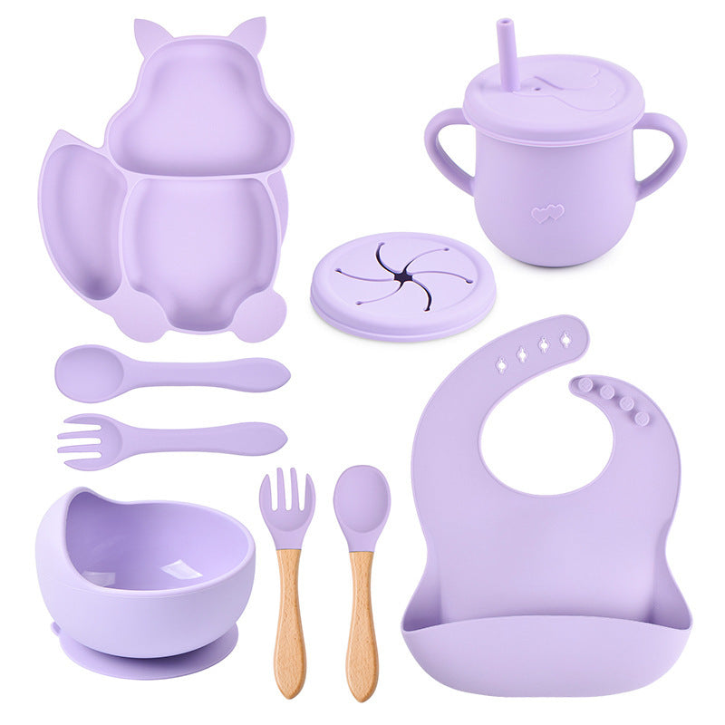 Ensemble de vaisselle pour bébé, 8 pièces : assiette, tasse, paille, bol en silicone, bavoir, plateau, cuillère, fourchette.