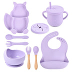 Ensemble de vaisselle pour bébé, 8 pièces : assiette, tasse, paille, bol en silicone, bavoir, plateau, cuillère, fourchette.