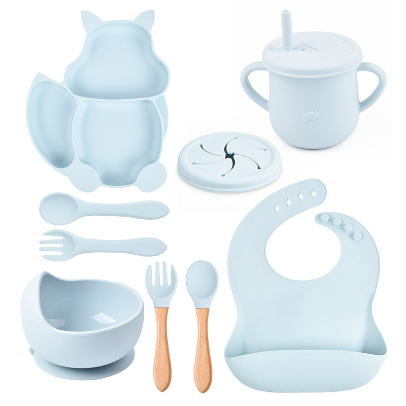 Ensemble de vaisselle pour bébé, 8 pièces : assiette, tasse, paille, bol en silicone, bavoir, plateau, cuillère, fourchette.