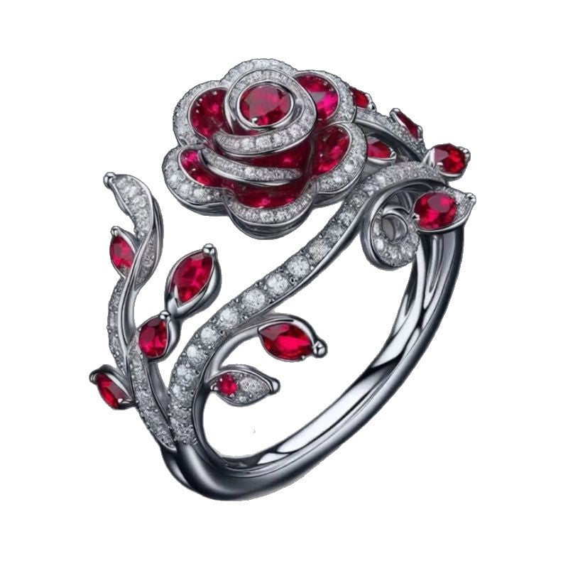 Bague en zircon rouge micro-incrusté, rose et feuilles entrelacées