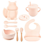 Ensemble de vaisselle pour bébé, 8 pièces : assiette, tasse, paille, bol en silicone, bavoir, plateau, cuillère, fourchette.