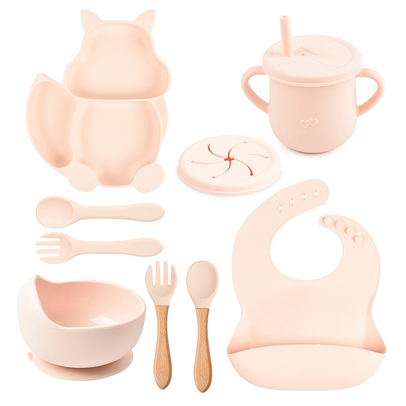 Ensemble de vaisselle pour bébé, 8 pièces : assiette, tasse, paille, bol en silicone, bavoir, plateau, cuillère, fourchette.