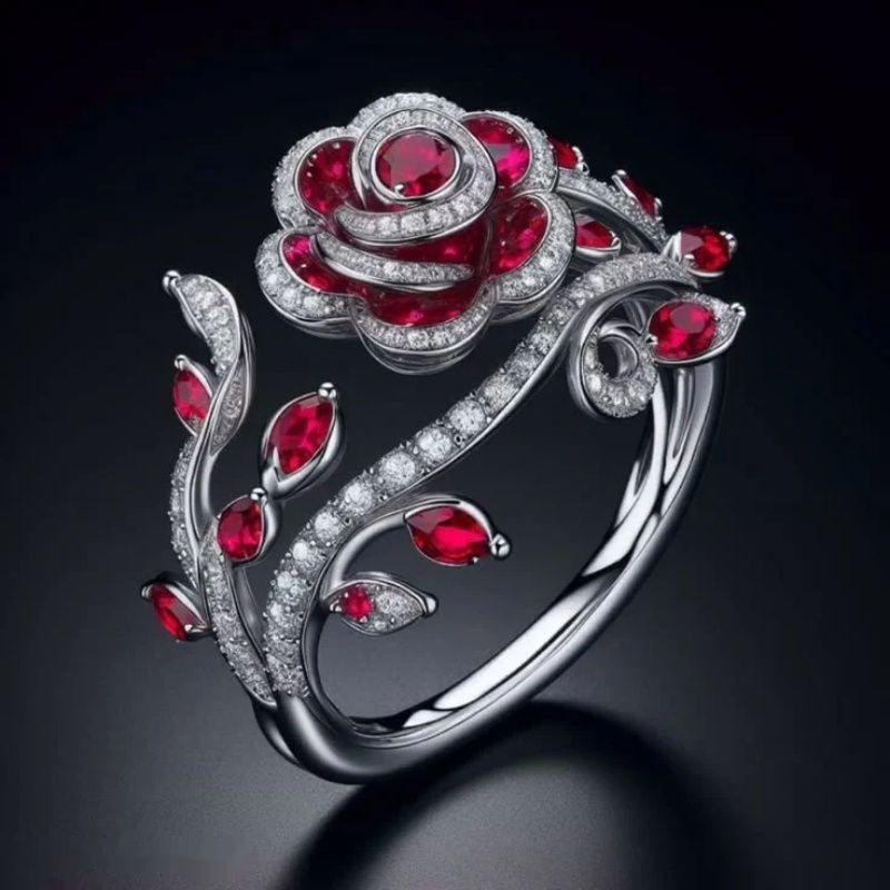 Bague en zircon rouge micro-incrusté, rose et feuilles entrelacées