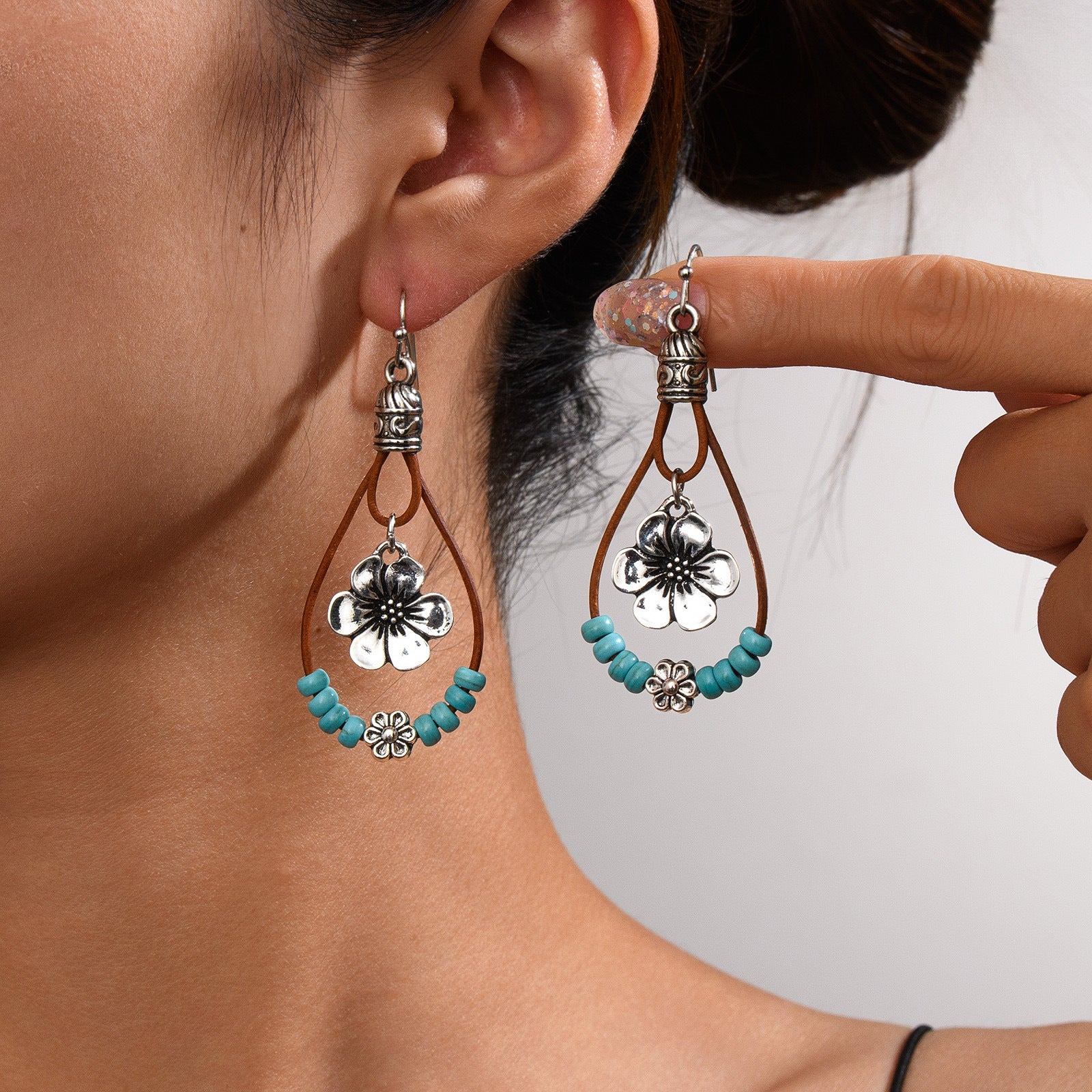 Boucles d'oreilles vintage style ethnique fleur turquoise