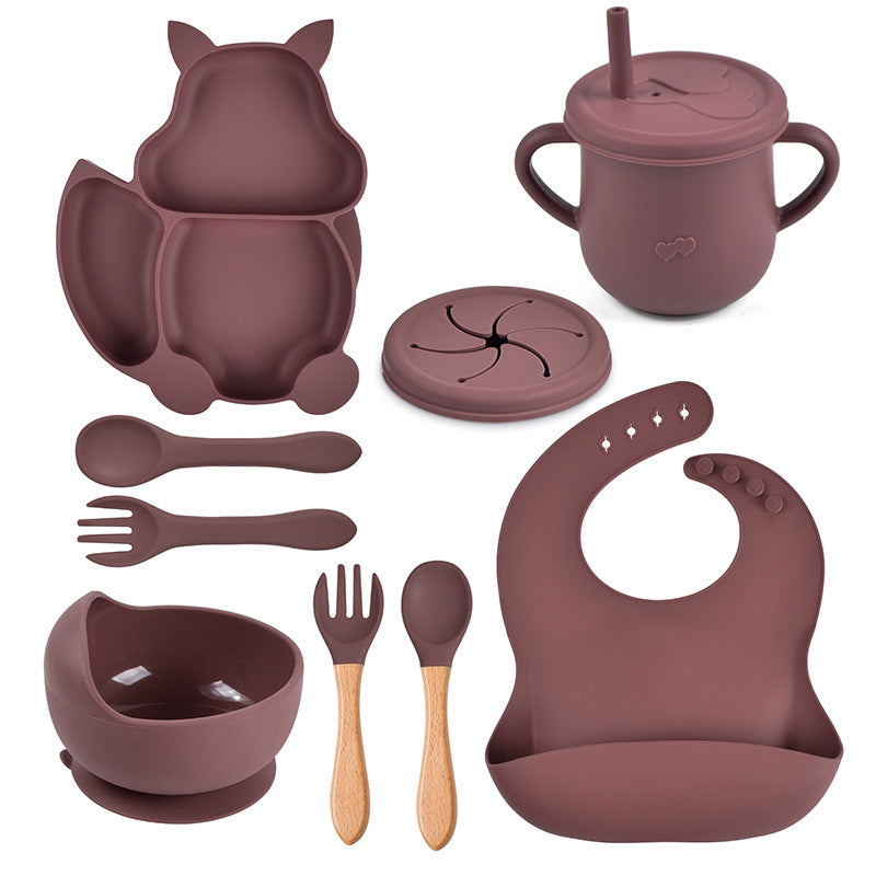 Ensemble de vaisselle pour bébé, 8 pièces : assiette, tasse, paille, bol en silicone, bavoir, plateau, cuillère, fourchette.