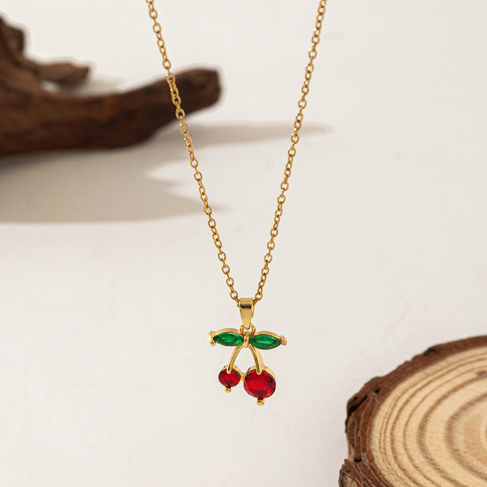 Collier pendentif et boucles d'oreilles  cerise en strass