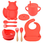 Ensemble de vaisselle pour bébé, 8 pièces : assiette, tasse, paille, bol en silicone, bavoir, plateau, cuillère, fourchette.