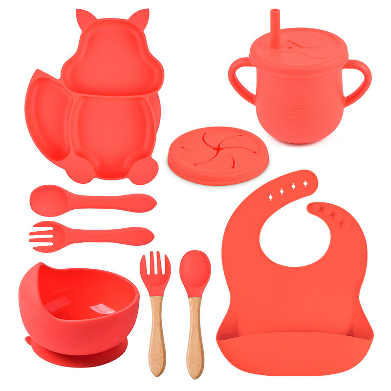 Ensemble de vaisselle pour bébé, 8 pièces : assiette, tasse, paille, bol en silicone, bavoir, plateau, cuillère, fourchette.