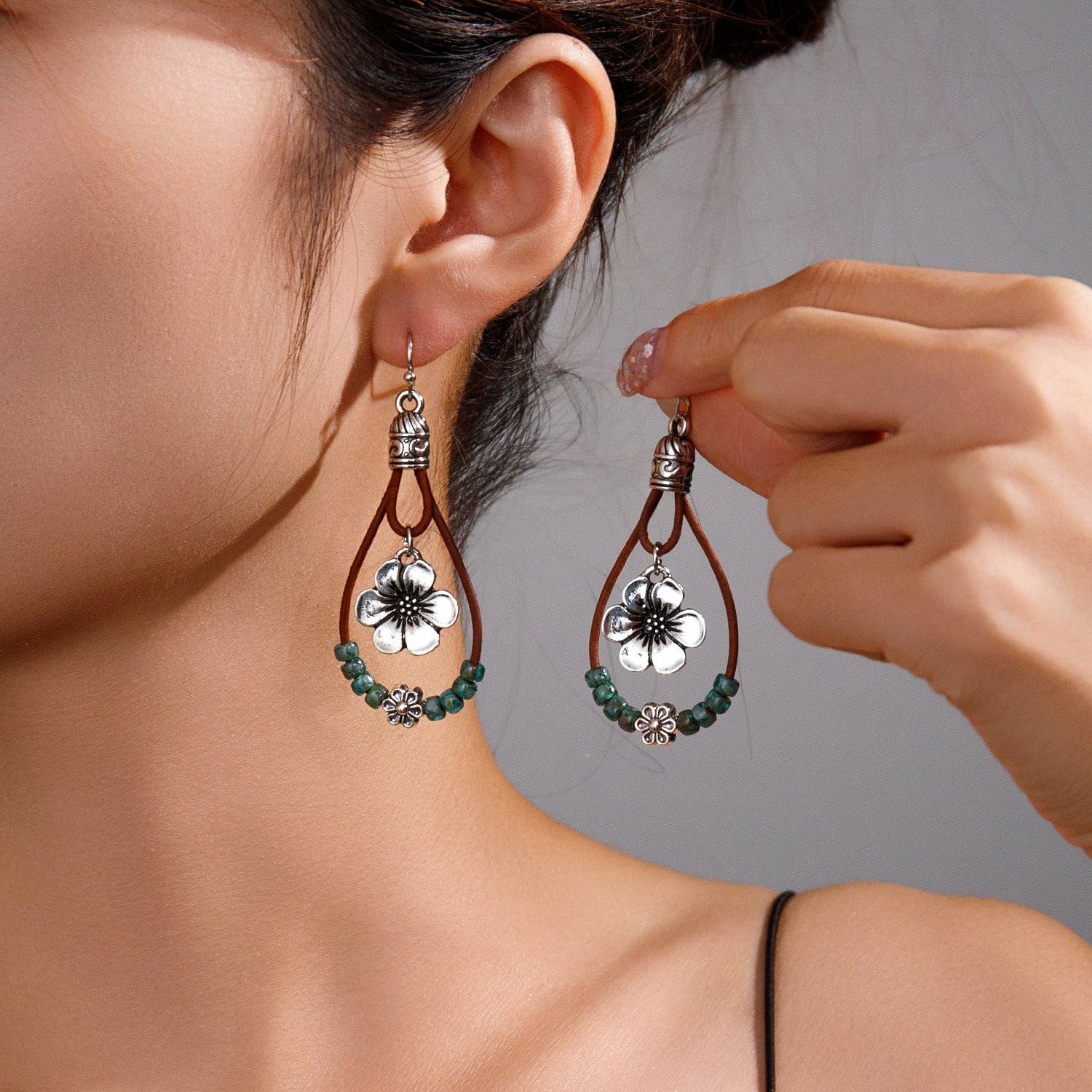 Boucles d'oreilles vintage style ethnique fleur turquoise