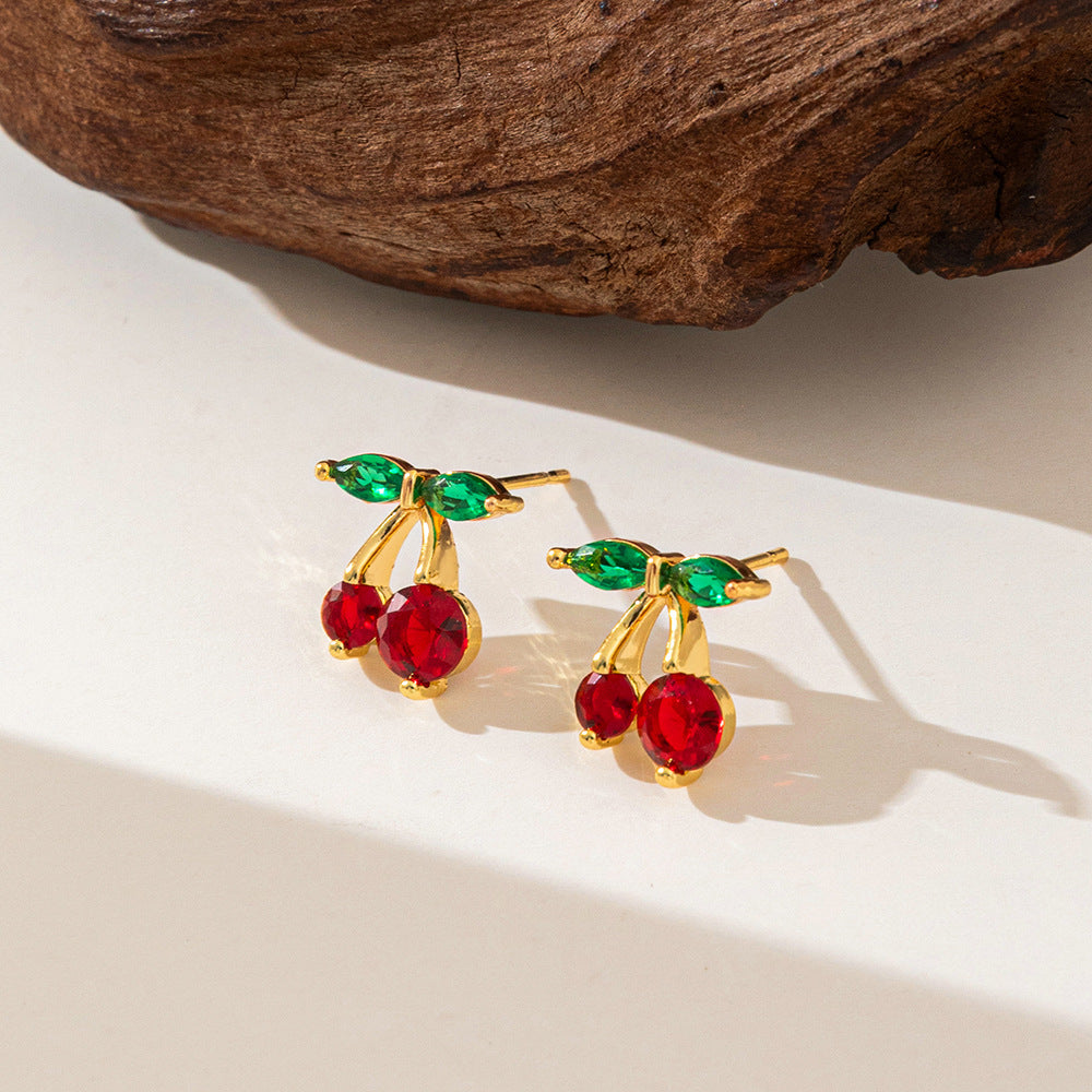 Collier pendentif et boucles d'oreilles  cerise en strass